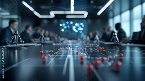 A sleek meeting table covered with scientific tools like microscopes, data charts, and molecular models, set against a backdrop of business executives discussing innovative strateg