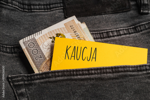 Yellow card with a handwritten inscription "Kaucja", inserted into the pocket of gray pants jeasnow, next to Polish banknotes PLN (selective focus), translation: Bail