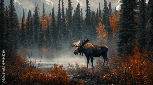 A majestic moose stands in a misty forest, its antlers reaching for the sky.