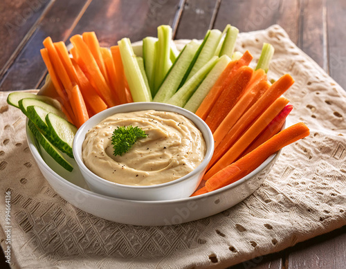 A creamy hummus dip served with fresh carrot and celery sticks, a healthy and delicious snack