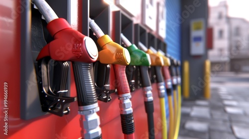 Colorful fuel nozzles lined up at a gas station