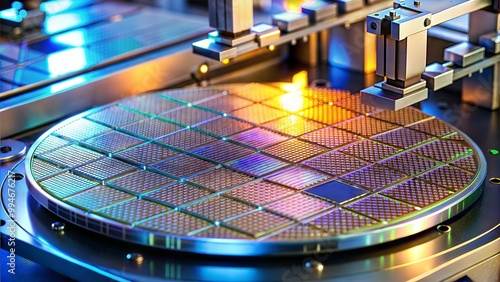 Close-up of a silicon wafer on a semiconductor fabrication line, showcasing intricate patterns and vibrant lighting, representing advanced technology processes.