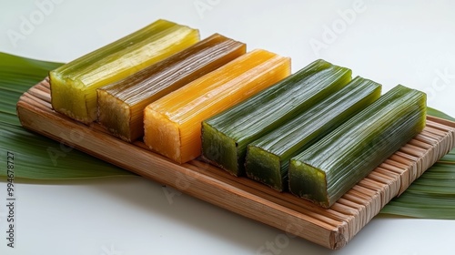 Exquisite Lao Khao Lam Dessert Slice Revealing Jewel-Toned Glaze on White Background with Copy Space