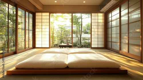 Serene bedroom featuring a low platform bed and shoji screens