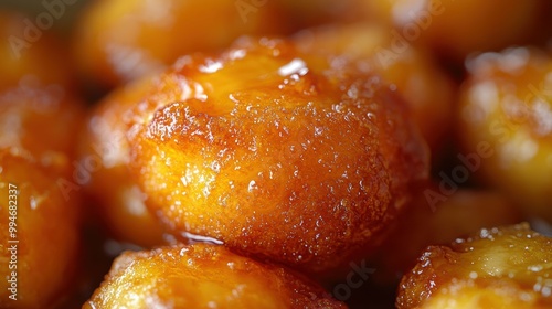 Dramatic close-up of a freshly fried, golden Thai tuktuk (banana fritters) coated in a sweet crisp batter