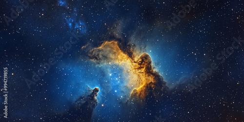 A vibrant nebula glows in the vastness of space, its colors of gold and blue creating a stunning cosmic spectacle.