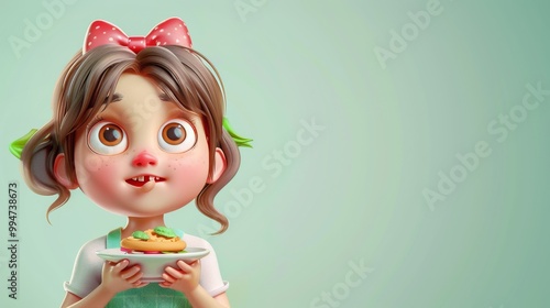 hungry girl, 3d, kids ilustration, disney cartoon style, light green background, 