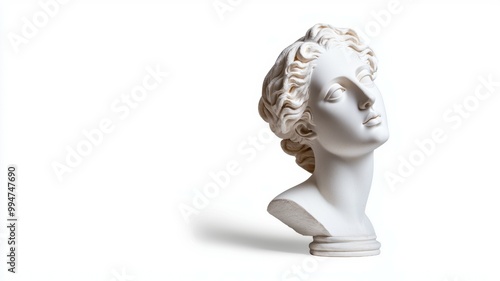 A white statue of a woman's head is sitting on a white background