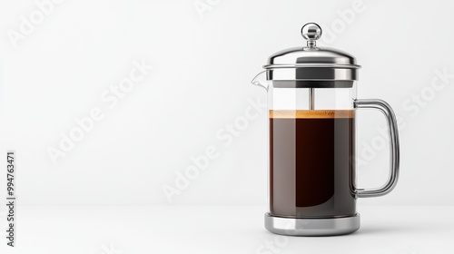 French press coffee maker with brewed coffee, white isolated background.