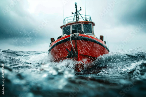 A red boat is in the water, with rain falling on it