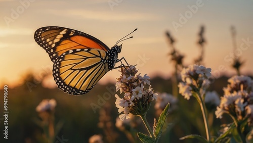 Single butterfly on white flowers at sunset