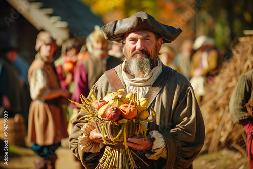 American Pilgrim Settler receiving a harvest gift from Native American tribe during a Thanksgiving gathering in 16th century