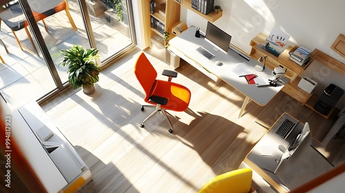 An indoor office with random elements like a minimalistic standing desk and a bold-colored chair in an otherwise neutral environment, viewed from a birds-eye view.