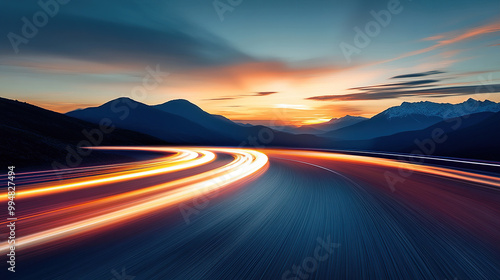 High-speed road with motion blur, beautiful sunset, and mountains in the background