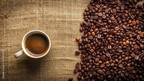 A cup of freshly brewed coffee sits beside a mound of roasted coffee beans, ready for a morning pick-me-up.