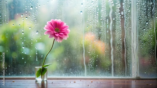 A solitary pink flower blooms in a glass vase placed on a windowsill, the rain-streaked windowpane blurring the vibrant greens of the outdoors.