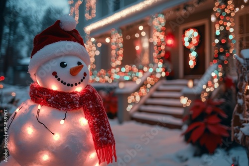 snowman is standing in front of the American mansion decorated with many colorful lights garlands with decorated with Christmas lights in front of the house