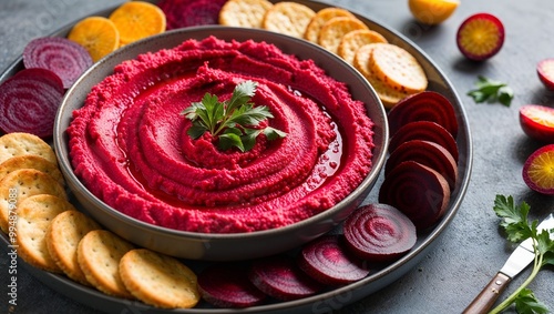 beetroot hummus with crudit platter closeup