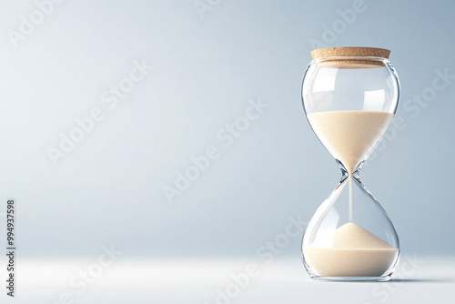 A sand timer is sitting on a table. The sand is almost gone, and the timer is almost empty. Concept of time passing quickly and the importance of making the most of the time we have