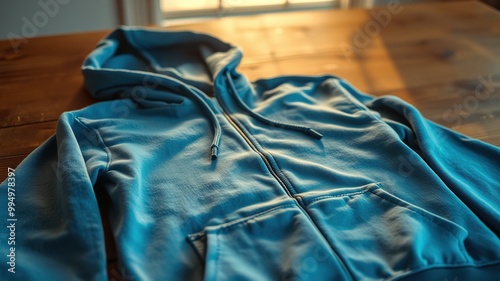 A faded blue hoodie with a plain front and a zip-up closure lies flat on a worn wooden table, its fabric emitting a soft, calming glow in the indirect sunlight.