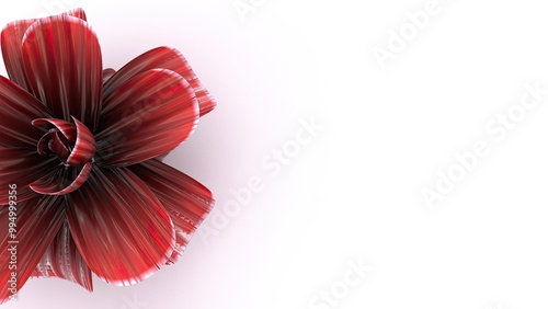 A detailed 3D render of a red, abstract flower with curled petals, resembling a futuristic design, against a white background.