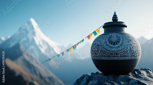 Ancient jar with Tibetan mandala patterns, atop a mountain peak, prayer flags fluttering