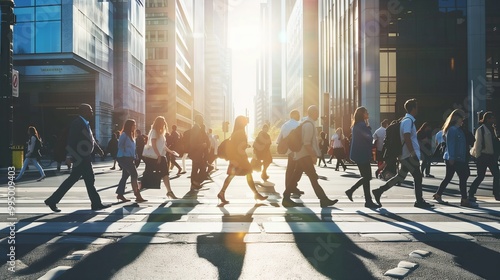 Urban Commuters Crossing Street at Sunrise in Bustling Cityscape