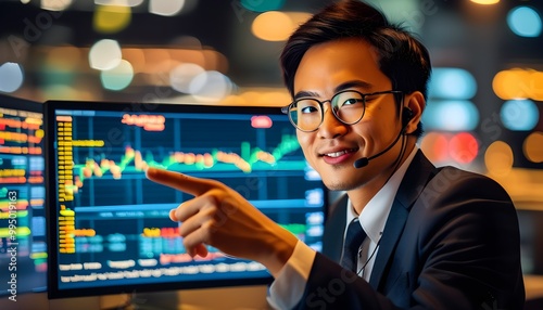 Nighttime Analysis: Asian Traders Examining Stock Exchange Data and Currency Rates in a Home Office