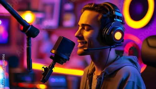 Vibrant neon studio showcasing a creative broadcast with a host in pastel headphones engaging listeners through uplifting music and podcasts, captured with a camera.