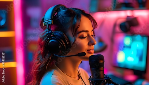 Vibrant neon studio showcasing a creative broadcast with a host in pastel headphones engaging listeners through uplifting music and podcasts, captured with a camera.