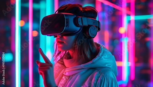 Immersive Experience in Neon Cyberspace: Female in VR Headset Engaged with Virtual Objects in Futuristic Metaverse