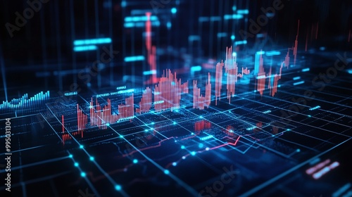 Digital financial chart with glowing lines and data visualization on a dark background.