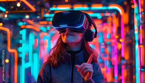 Immersive Experience in Neon Cyberspace: Female in VR Headset Engaged with Virtual Objects in Futuristic Metaverse