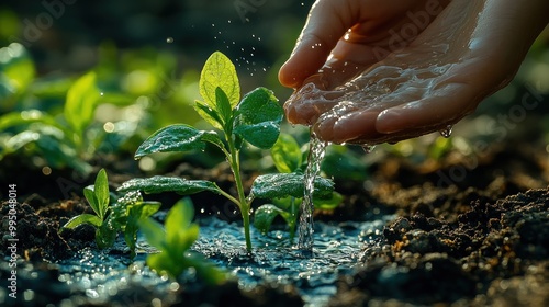 Hand watering young plants in rich, moist soil.