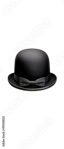 Classic black bowler hat with satin ribbon, perfect for vintage fashion styles and theatrical performances.