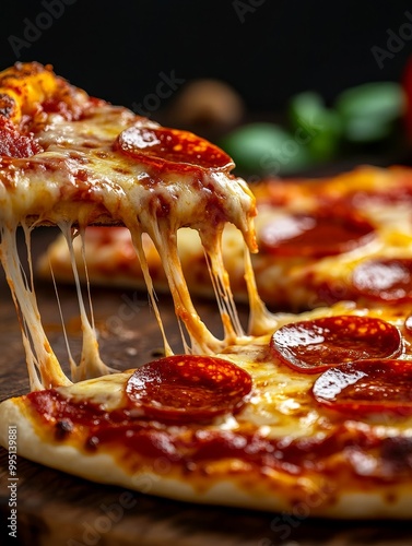 A close-up shot of a pepperoni pizza with gooey cheese. The cheese is stretching out and dripping down the side of the pizza, showing how delicious and fresh it is.