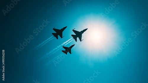 Three fighter jets fly in formation against a bright blue sky, their silhouettes creating a striking image of teamwork and precision.