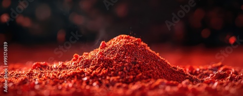 Vibrant red spice powder on a textured surface, captured in dramatic lighting, emphasizing color and texture.