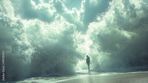 Woman Standing Before A Giant Wave