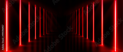 Neon light tunnel on black background. Vector realistic illustration of red led corridor perspective, futuristic laser security border, modern information technology system, virtual reality