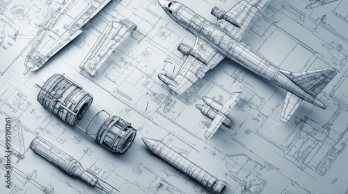 An array of aeronautical components showcased in an engineering blueprint