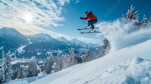 Austrian Freestyle Skier Soaring Mid-Air on Jump at Winter Resort