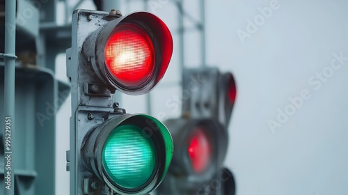 Detailed view of a marine signal light system at a busy harbor featuring red and green lights to guide incoming and outgoing vessels for safe navigation and transport