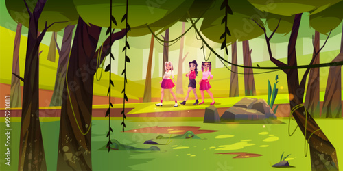 Teen girls walking in forest near swamp with sleeping crocodiles. Cartoon vector illustration of woodland landscape with green trees and grass, moss and lichen, water in pond and teenager friends.