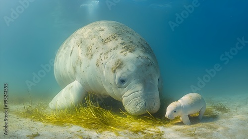 Majestic dugong mother and her baby grazing peacefully on the lush seagrass in the shallow serene waters of their coastal habitat