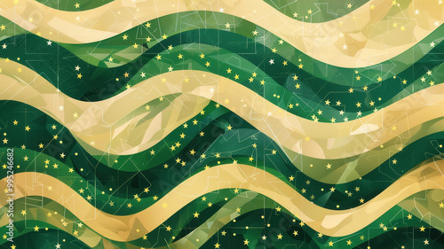 Wavy abstract background in green and beige with golden stars. Background for Saudi Arabia National Day, religious holidays and cultural events