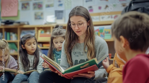 Students reading aloud in class, practicing their reading skills while their teacher offers support and encouragement in a nurturing learning environment