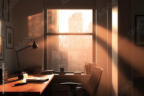 Sunlight streaming through office windows, Monday morning, energizing and optimistic