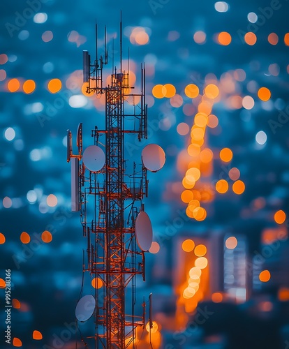 Telecommunication radio tower with background of modern city with bokeh lights