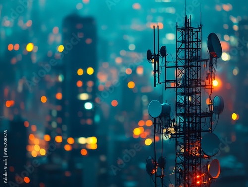 Telecommunication radio tower with background of modern city with bokeh lights